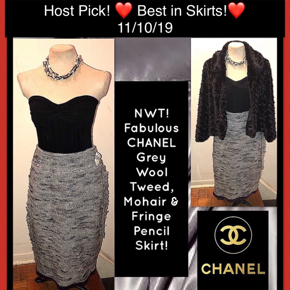 HP! CHANEL ID Grey Wool Tweed Mohair Fringe Skirt!